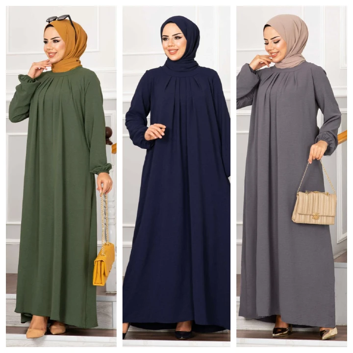 Pleated moderate dress Muslim Türkiye long sleeve long dress prom dress evening dress military green, dark blue, gray comfortable casual lady Ms. Abaya