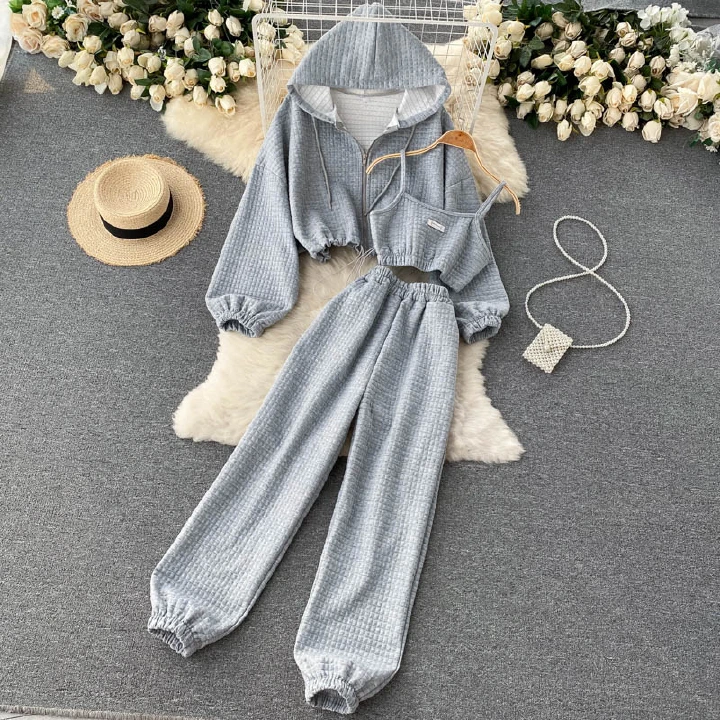 Early Autumn Hong Kong Style Explosion Street Leisure Sports Set Women's Short Strap Tank Top Hooded Zipper Coat Loose Leggings Three Piece Set Fashion
