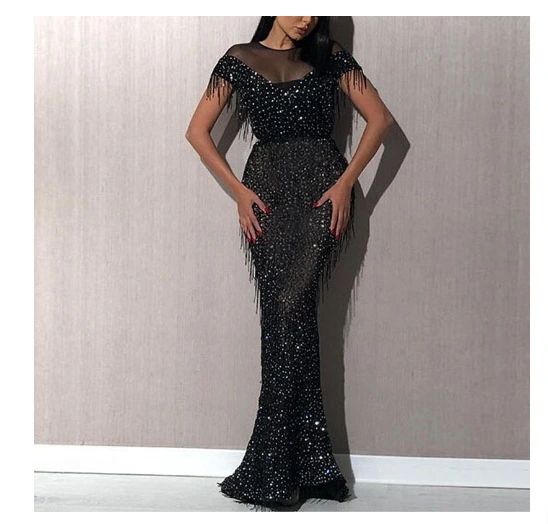 2023 Spring European and American Foreign Trade Women's Raglan Sleeve Sequin Dress Long Dress Evening Dress Solid Color Round Neck Elegant Temperament