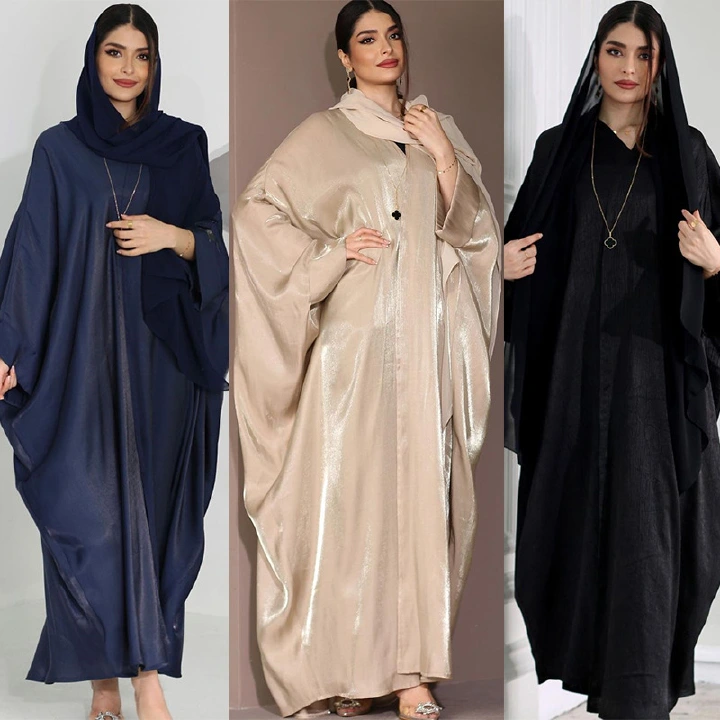 New Product Selection MQ059 Middle East Modern Muslim Fashion Bright Silk Bat Sleeves Robe Elegant Elegant Solid Color Long sleeved Skirt Foreign Trade Large Size Women's Wear Abaya