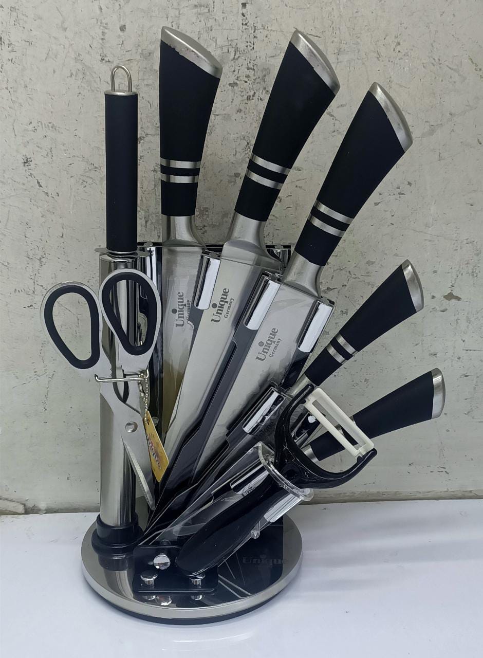 UNIQUE Classy UNIQUE 9PCS Stainless Steel Kitchen Knife Set With StandEasy and ready to use  Use the knife sharpener to fix any nicks