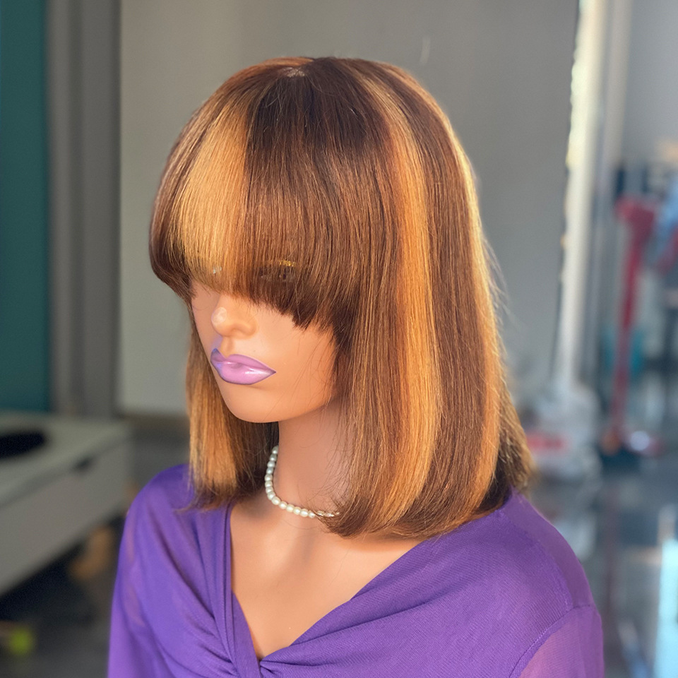 Glueless HIghlight Bob Human Hair Wigs With Bangs