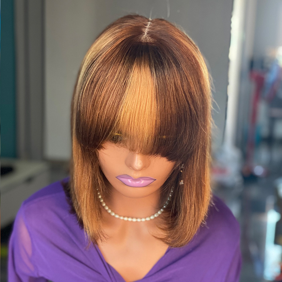 Glueless HIghlight Bob Human Hair Wigs With Bangs