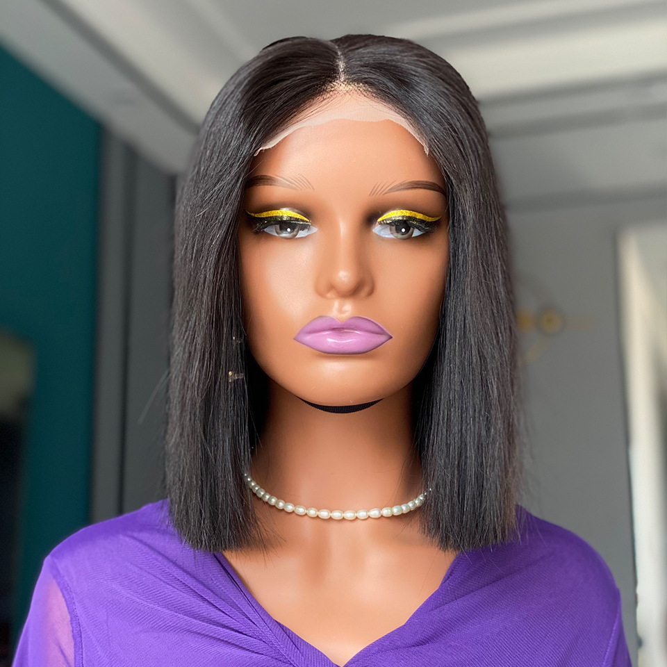 12A Vietnam Double Drawn Bone Straight  Bob Human Hair Wigs  180 Density  Natural Black 10 inch   4x4 Lace Frontal