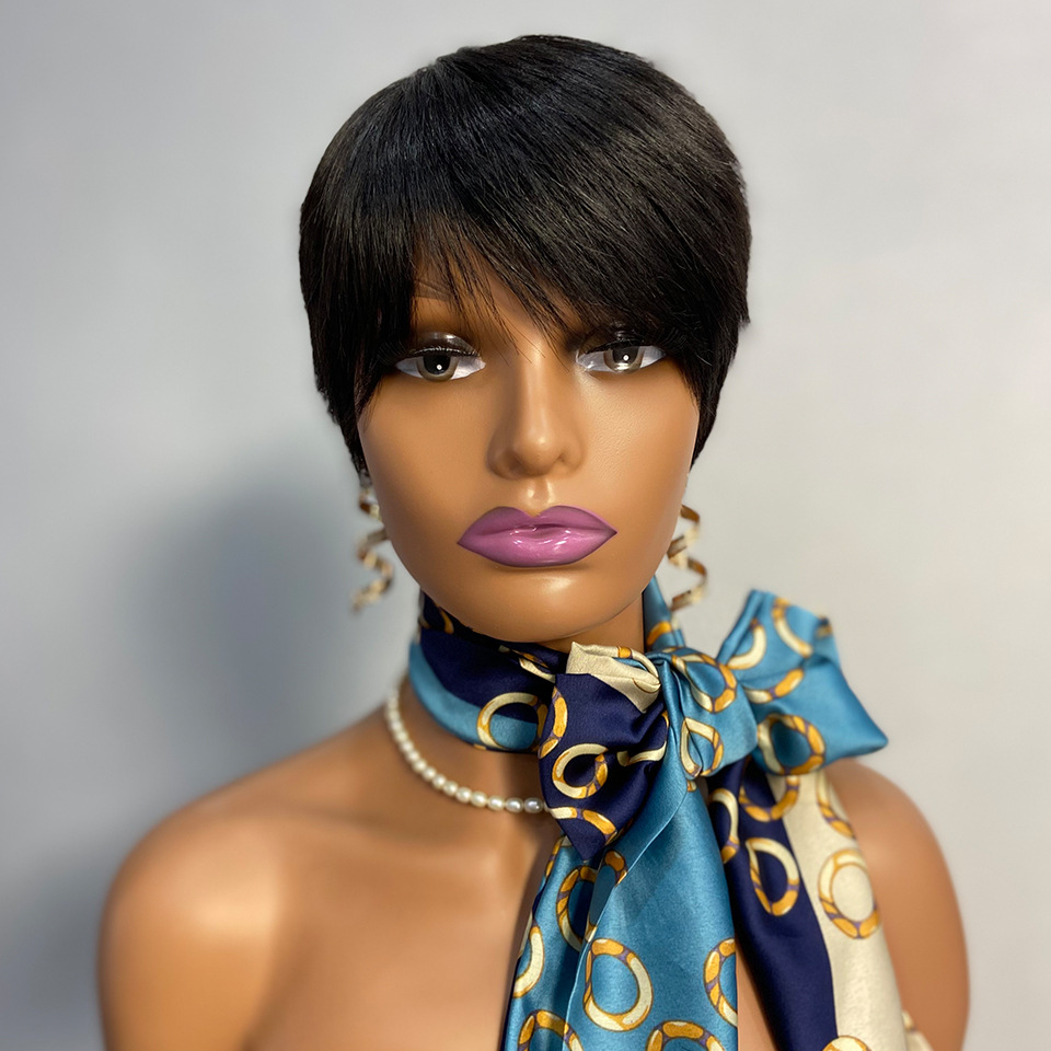 Promotion Pixie Cut Human Hair Wig Afro Bun Puff Hair 100g Density 150 Natural Black