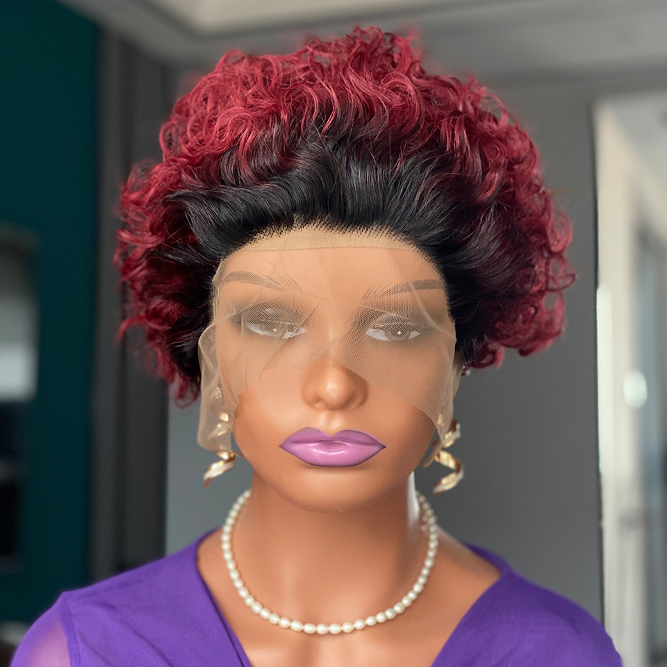 Highlight Brown Curly Pixie Cut Lace Wig Human Hair Promotion