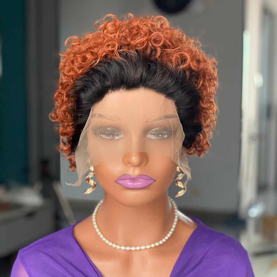 Highlight Brown Curly Pixie Cut Lace Wig Human Hair Promotion