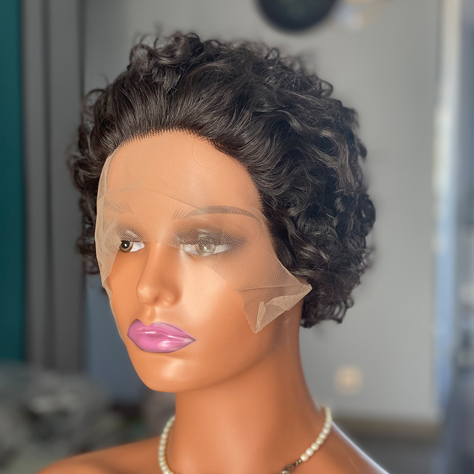 Highlight Brown Curly Pixie Cut Lace Wig Human Hair Promotion