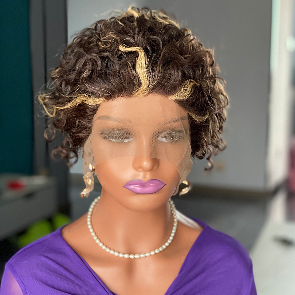 Highlight Brown Curly Pixie Cut Lace Wig Human Hair Promotion