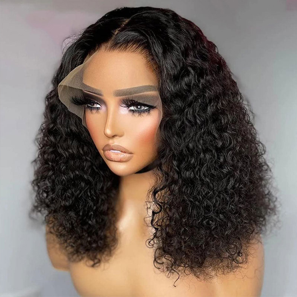 Promotion 200 Density 13x4 Jerry Curl Human Hair Wigs Lace Frontal  16 Inch 12A Natural Black