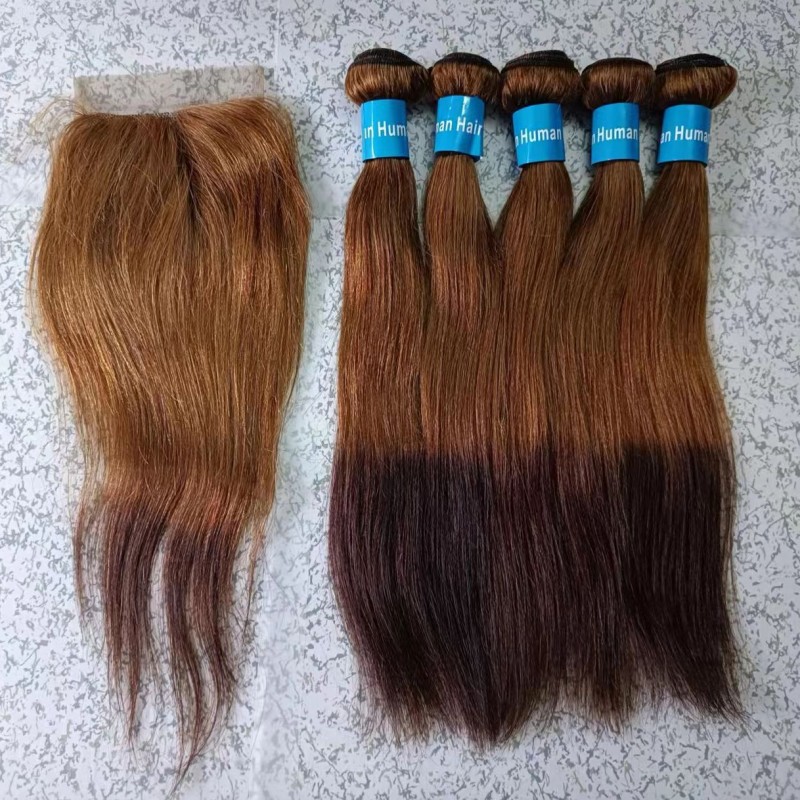 5pcs Bundles With 4x4 Lace Closure 100% Human Hair  Package Set  30/4 Brown Color  12-18 Inch In Stock