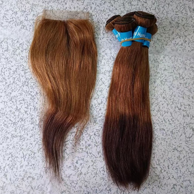 5pcs Bundles With 4x4 Lace Closure 100% Human Hair  Package Set  30/4 Brown Color  12-18 Inch In Stock