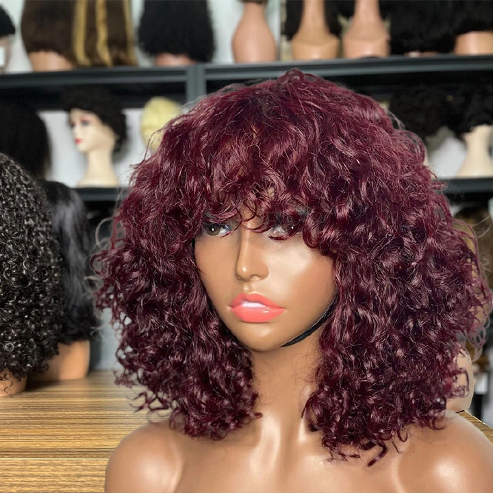 Water Wave Human Hair Short Bang Wig 180 Density 12 Inch Colors 99j, P4/27, 2b