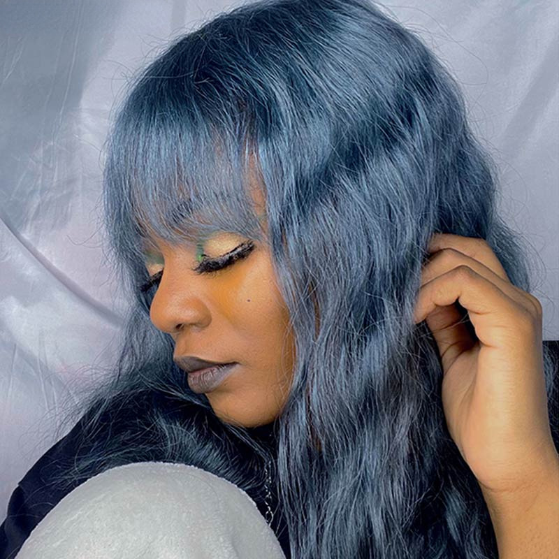 New Design Smoky Blue Human Hair Wig With Bang 12-26 Inches Long Curly Cute