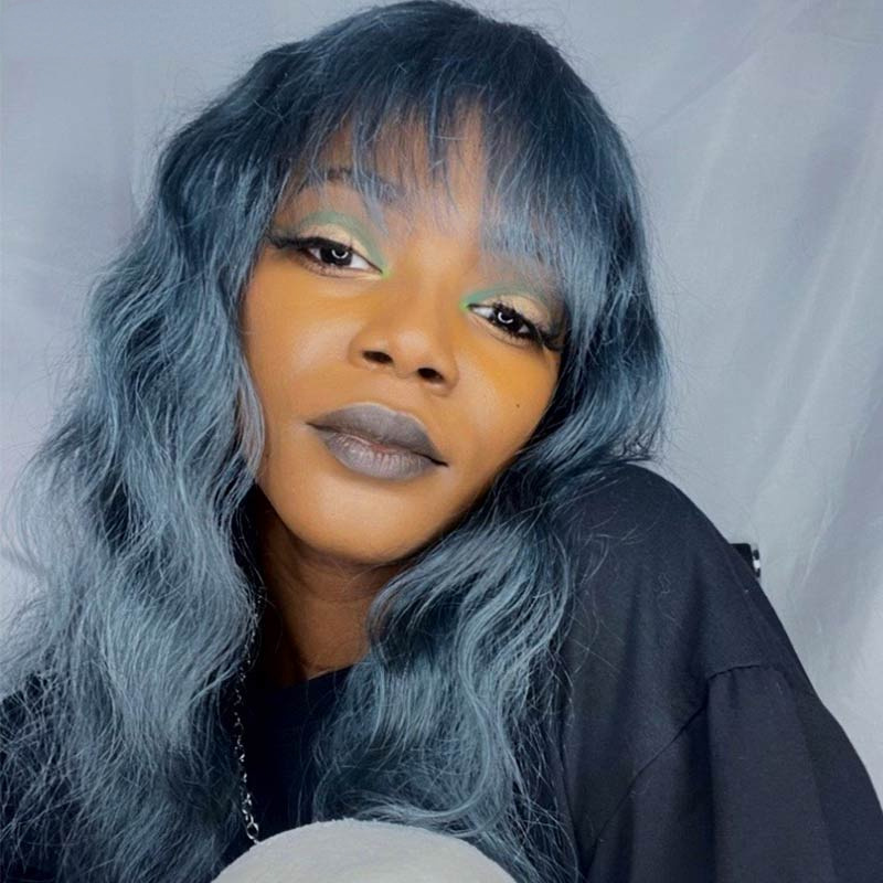 New Design Smoky Blue Human Hair Wig With Bang 12-26 Inches Long Curly Cute