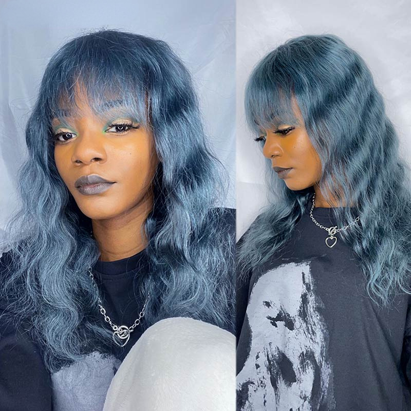 New Design Smoky Blue Human Hair Wig With Bang 12-26 Inches Long Curly Cute