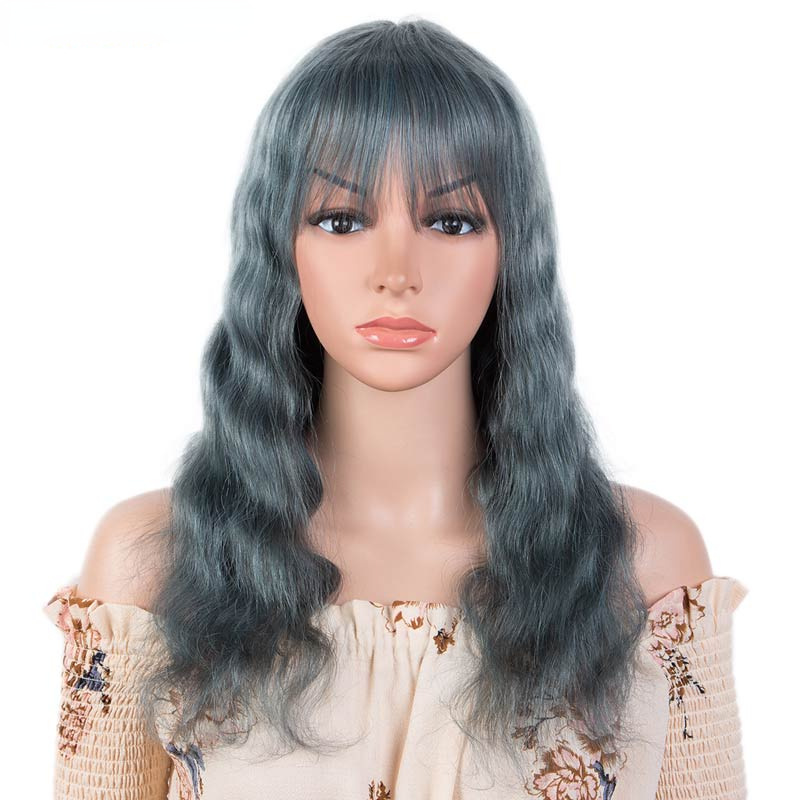 New Design Smoky Blue Human Hair Wig With Bang 12-26 Inches Long Curly Cute
