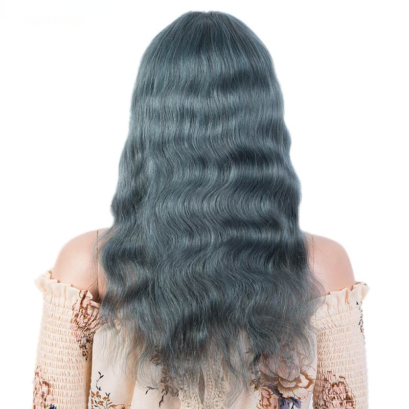 New Design Smoky Blue Human Hair Wig With Bang 12-26 Inches Long Curly Cute