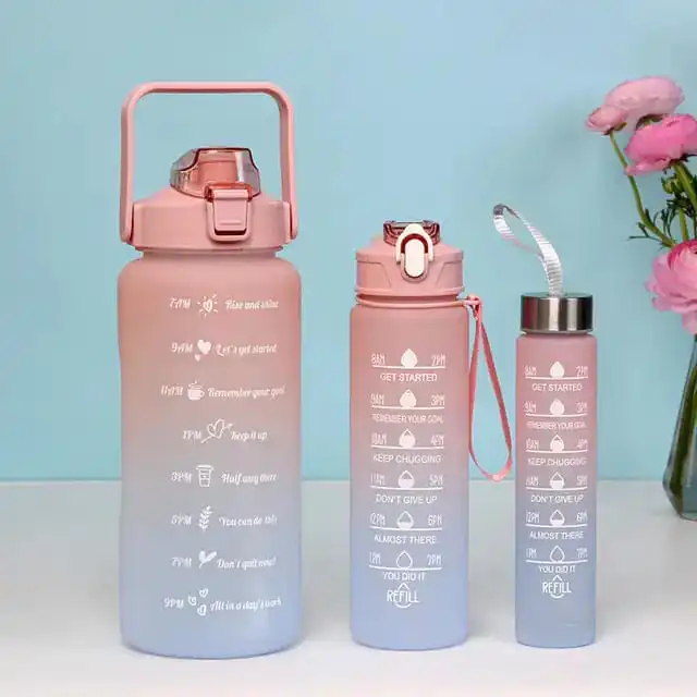 3 In 1 Water Bottle Pack of 3 Water Bottles, 2Litres/750Ml/300Ml Sports Water Bottles, Leakproof & BPA Free, Motivational Water Bottles with Time Marker