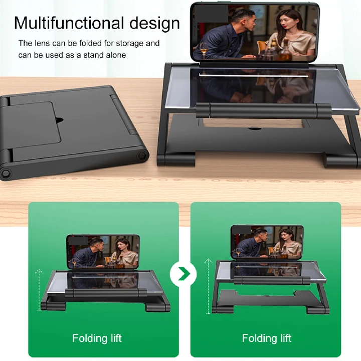 3D HD Folding Screen Enlarger Mobile Phone Screen Magnifier Screen Amplifier HD Mobile Phone Screen Magnifying Glass Lifting Bracket Ultra-clear Anti-blue 3D Video Amplifier Zoom Screen Free Hands
