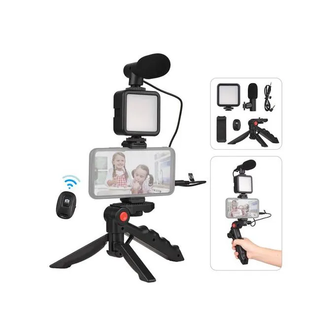 Phone/Camera Video Recording Vlogging Kit for Video Making, Mic, Mini Tripod Stand, LED Light & Phone Holder Clip for Making Videos Podcasting