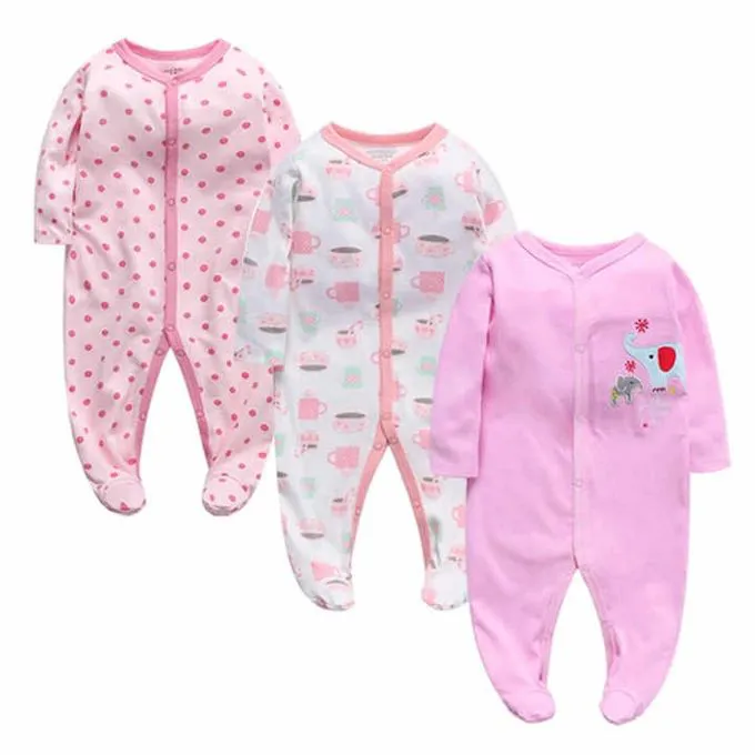 Adorable Fashion 3-Piece Set: Premium Quality Cotton Baby Girl Romper & Sleepsuits - Multicolor Designs with Varying Prints for Everyday Comfort