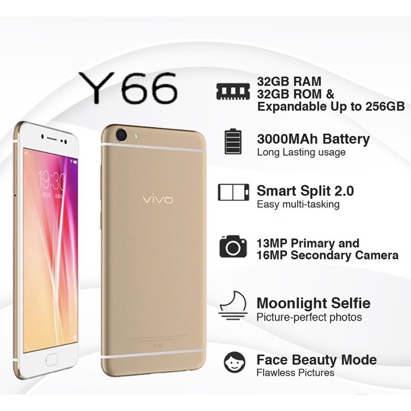 Refurbished VIVO Y66 Original  dual sim used mobile phone of vivo y66 Android 3+32GB 5.5 inch used mobile phones GOLD 3+32gb with 6months warranty