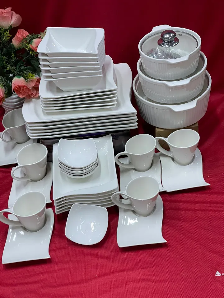 48 PCs dinner set  6 cups  6 saucers  6 bowls  6 soup plates  6 side plates  plates  6 sauce cups  3 servings dishes 3 glass lids