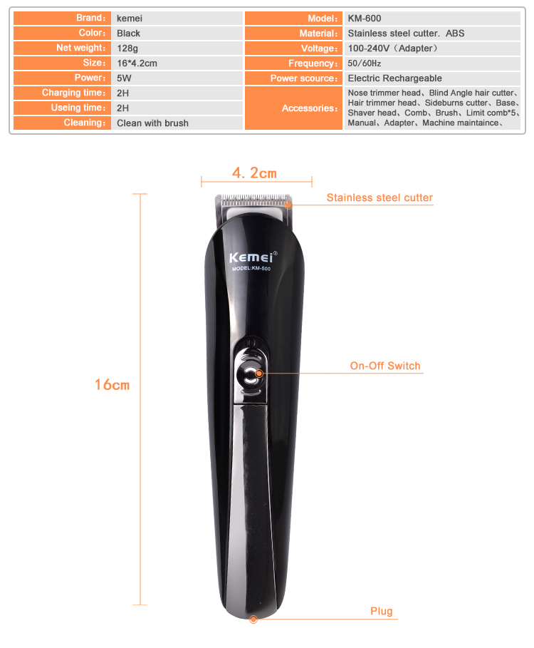 Kemei 6 in 1 Rechargeable Hair Trimmer Titanium Hair Clipper Electric Shaver Beard Trimmer Men
