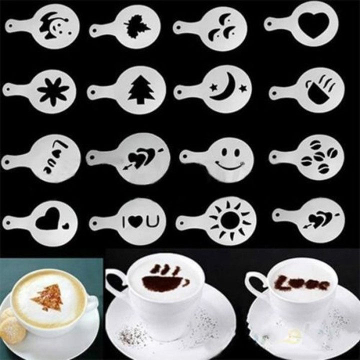 16Pcs Coffee Milk Gift Cupcake Stencil Template Mold Coffee Barista Cappuccino Template