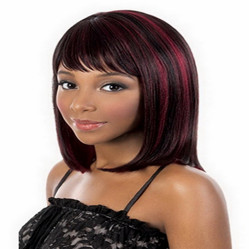 Short Like Human Hair Wigs With Bangs Red And Black  plucked Brazilian Remy Straight Hair For Women