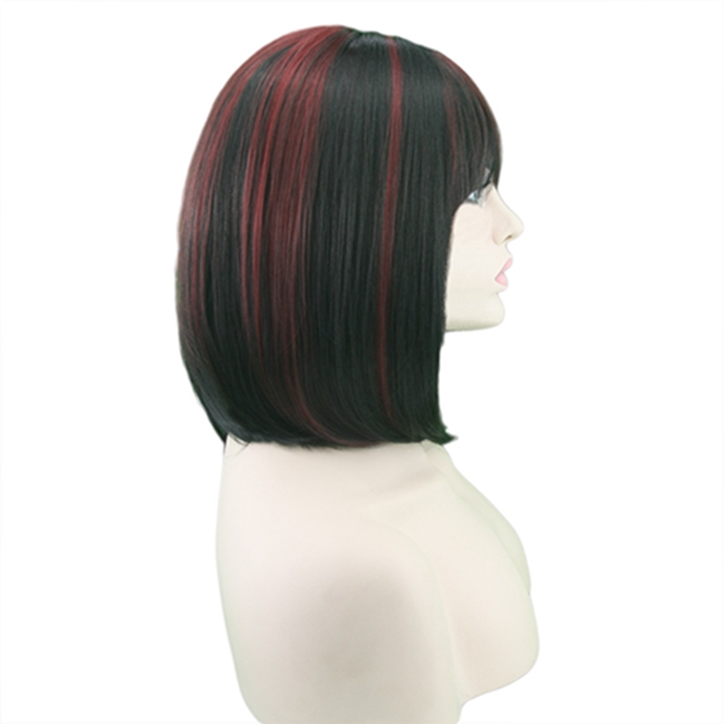 Short Like Human Hair Wigs With Bangs Red And Black  plucked Brazilian Remy Straight Hair For Women