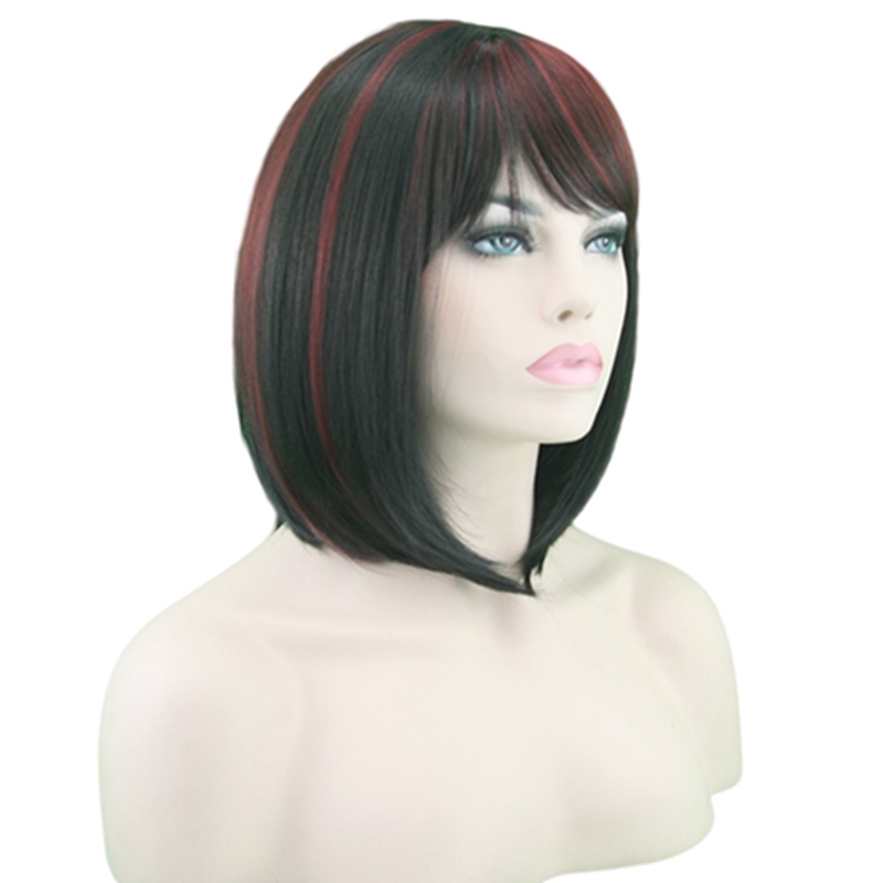 Short Like Human Hair Wigs With Bangs Red And Black  plucked Brazilian Remy Straight Hair For Women