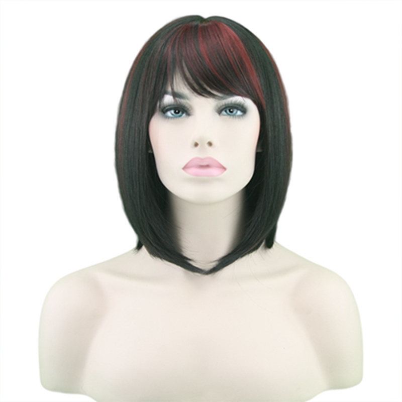 Short Like Human Hair Wigs With Bangs Red And Black  plucked Brazilian Remy Straight Hair For Women