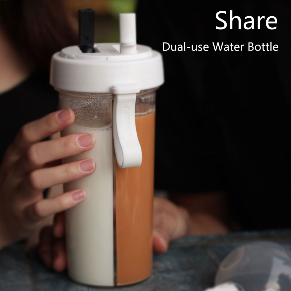 Portable Dual Straw Separate Drink Water Sports Bottle Beverage Bottle Couples Gift