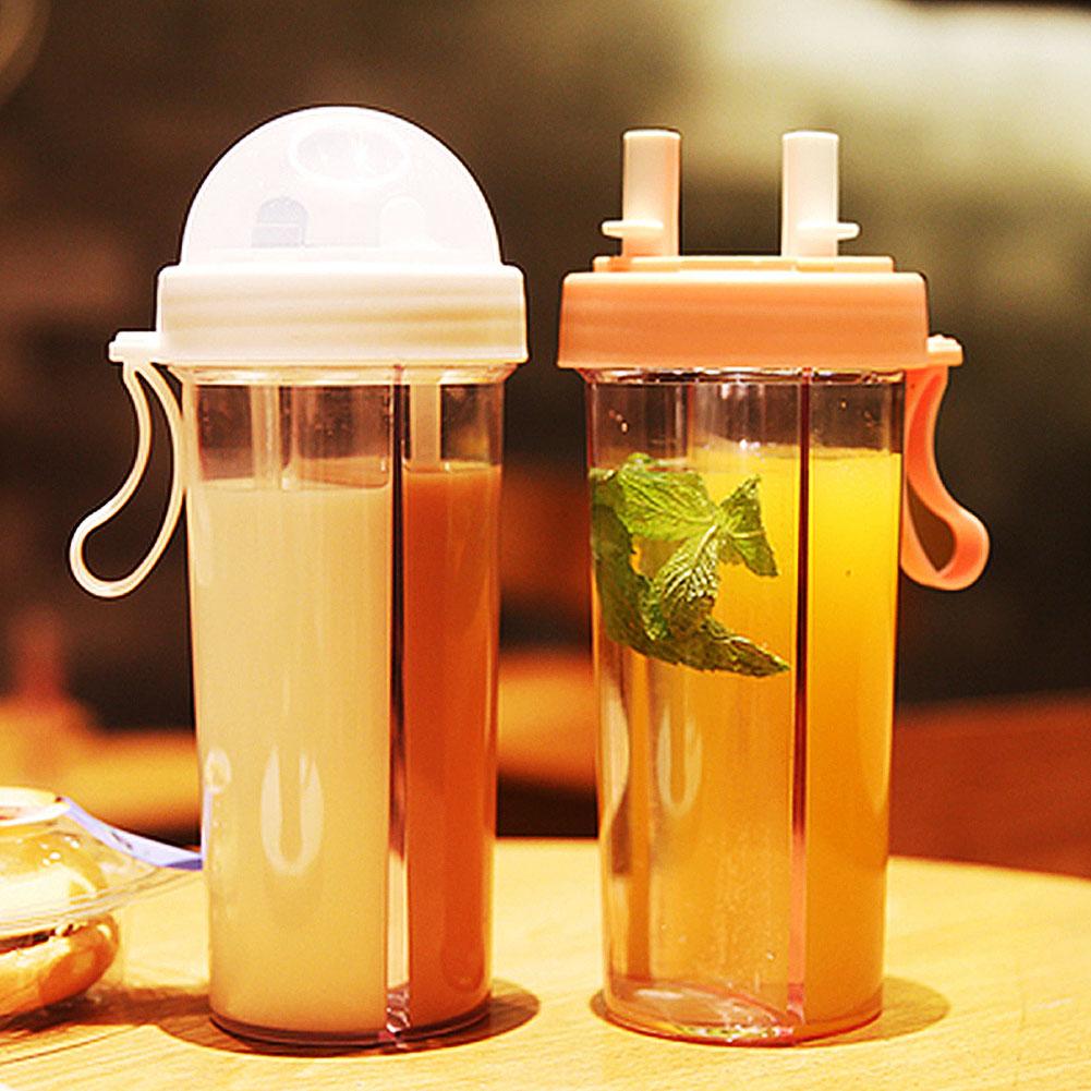 Portable Dual Straw Separate Drink Water Sports Bottle Beverage Bottle Couples Gift