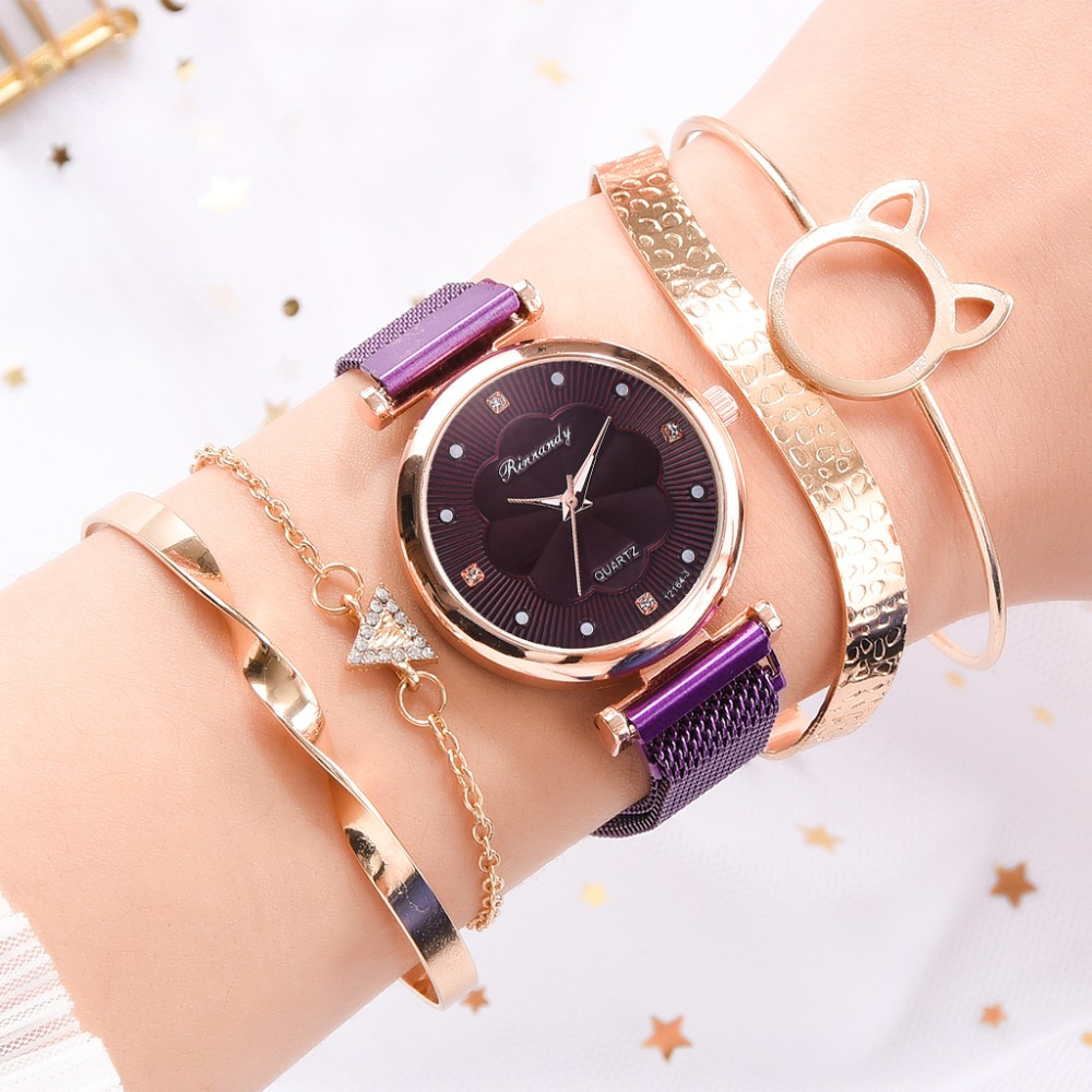 5pcs Set Women Watches Magnet Buckle Flower Rhinestone Watch Ladies Quartz Wrist Watch Bracelet Set