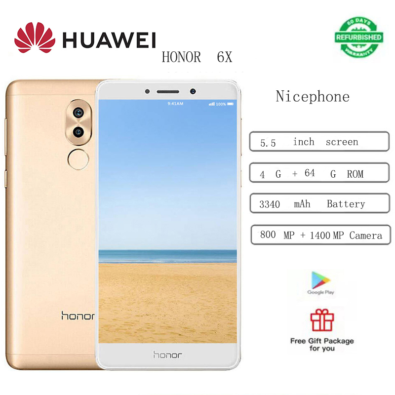 Refurbished   Huawei Honor  6x   Smart phone  4gb+64gb 14mp+8mp 3340mAh  5.5-inch   gold   dual card mobile phone