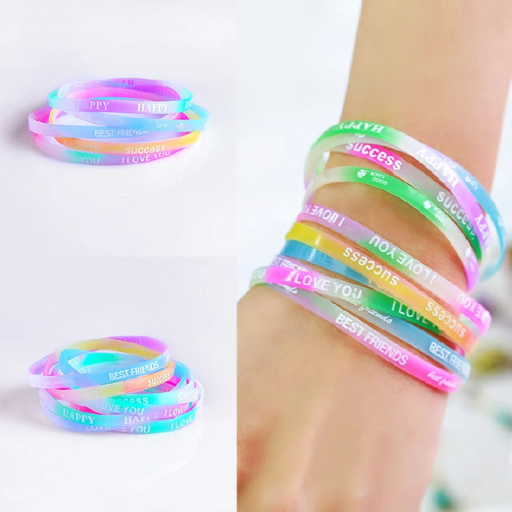 5pcs/set ales Promotion Fluorescent Glitter Letter Bracelet Bangle Couple Rubber Wristbands Silicone Bracelet  Trendy Candy Color  Bracelet for Women Men Fashion Rubber Sports Bracelet Jewelry