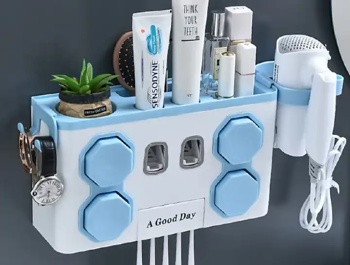 Multifunctional  5 slots toothbrush,2 pieces toothpaste dispenser ,blowdrier holder,4 cups  with 2 hooks organizer