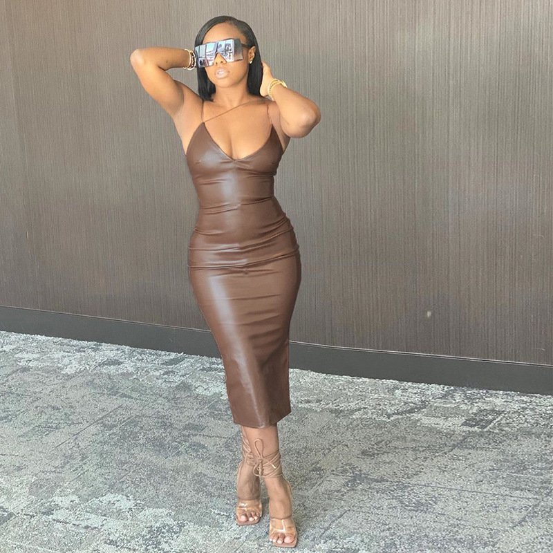 Make It Sexy Faux Leather Midi Dress - Brown