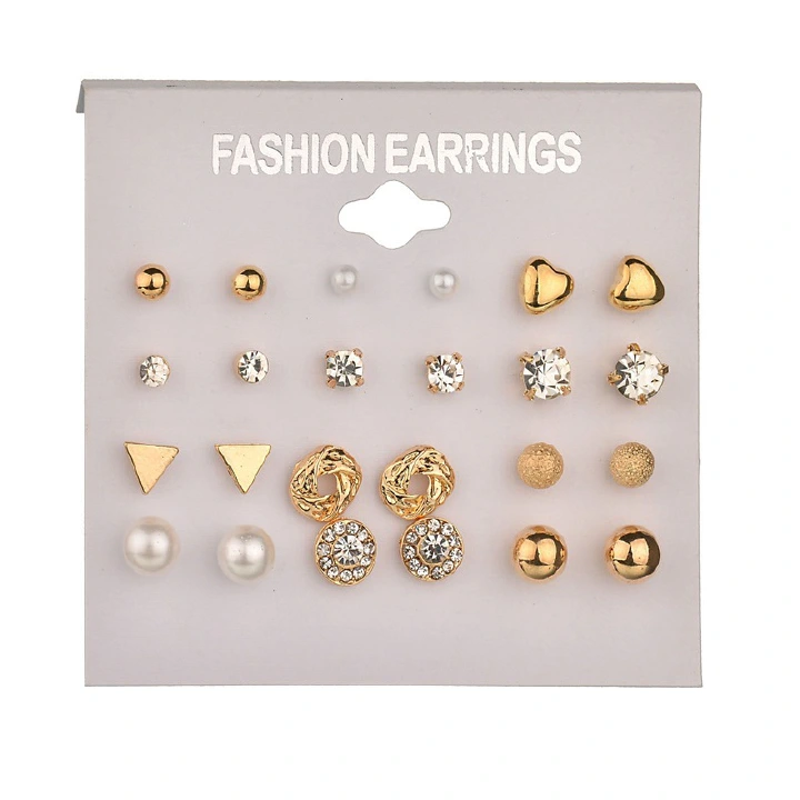 12 Pairs/Set Fashion Jewelry White Pearl Crystal Gold Color Stud Earrings hypoallergenic