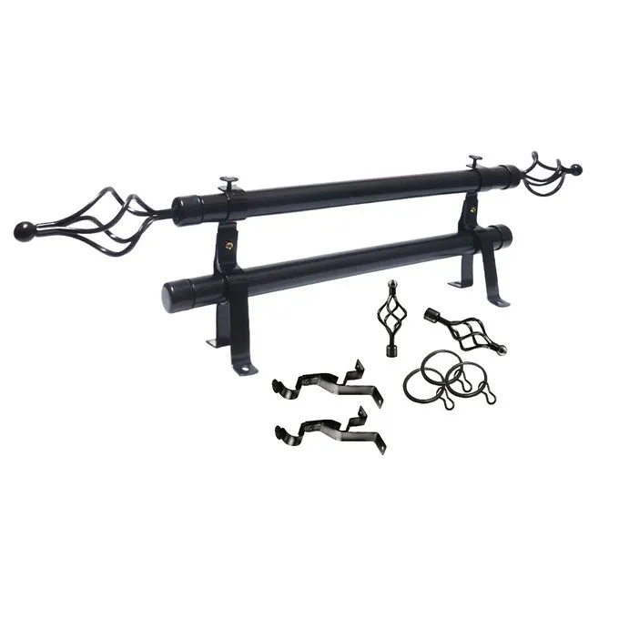 Black Double Curtain Rod – 2m Extendable | FREE Holders & Screws – Strong Metal Brackets