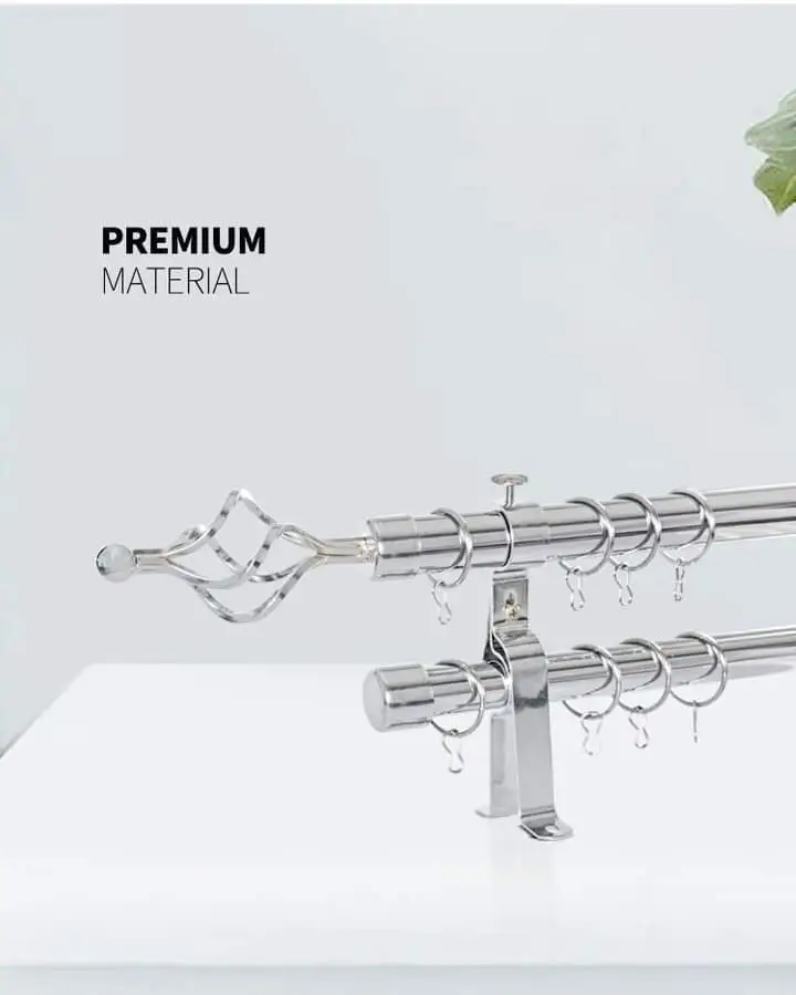 Silver Double Curtain Rod – 2m Extendable | FREE Holders & Screws – Strong Metal Brackets