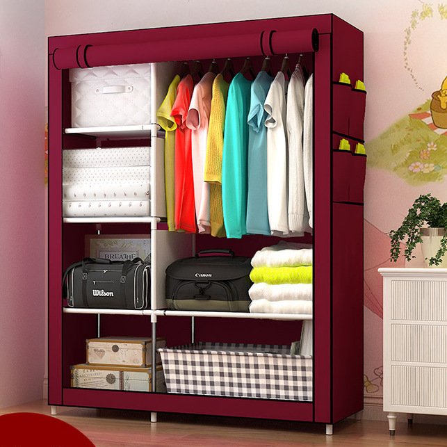 2 Column Wardrobe Storage Portable Wardrobe 6 Shelves Clothes Rod Non-Woven Fabric Cover Quick and Easy Assembly