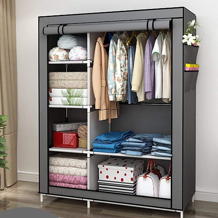 2 Column Wardrobe Storage Portable Wardrobe 6 Shelves Clothes Rod Non-Woven Fabric Cover Quick and Easy Assembly