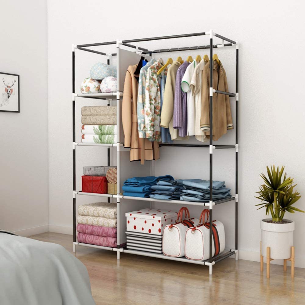 2 Column Wardrobe Storage Portable Wardrobe 6 Shelves Clothes Rod Non-Woven Fabric Cover Quick and Easy Assembly