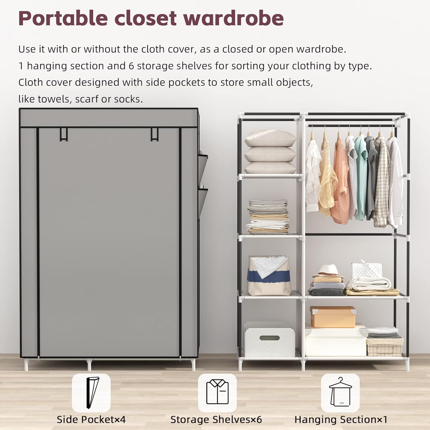 2 Column Wardrobe Storage Portable Wardrobe 6 Shelves Clothes Rod Non-Woven Fabric Cover Quick and Easy Assembly