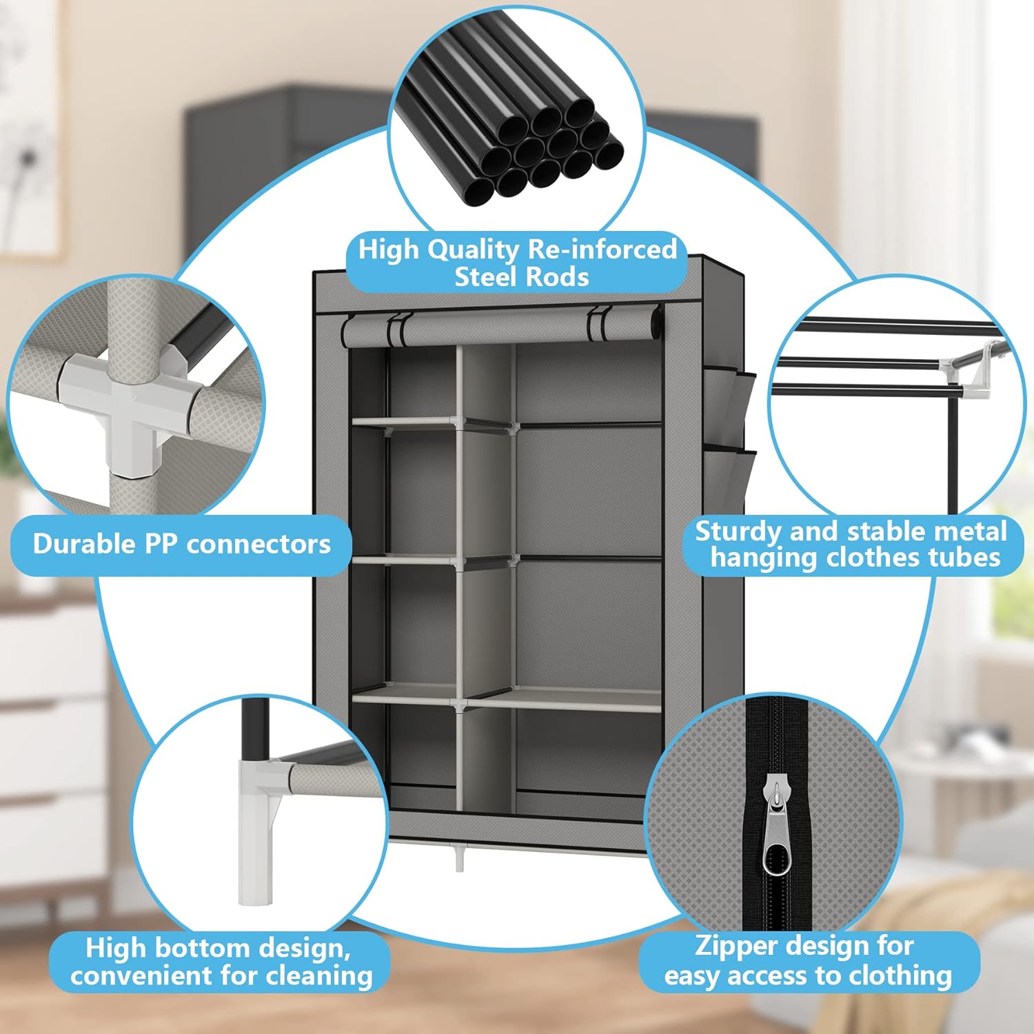 2 Column Wardrobe Storage Portable Wardrobe 6 Shelves Clothes Rod Non-Woven Fabric Cover Quick and Easy Assembly