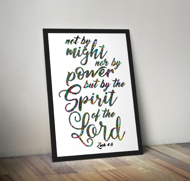 Framed Wall Art Poster, Calligraphy Wall Art Bible Quote-Not By Might Nor By Power but by the Spirit of the Lord, Framed A3 Size, 11x17 inches, 1 inch thick wooden Frame, Blck Finish Ready To Hang